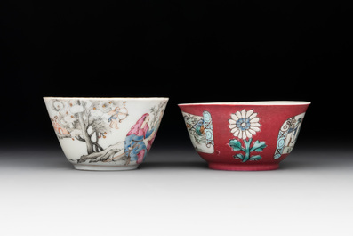 A Chinese famille rose 'erotic' cup and saucer and a ruby-ground 'landscape' cup and saucer, 18th C.