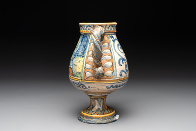 An Italian maiolica rope twist handle drug jar, probably Southern Italy, late 16th C.