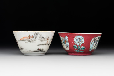 A Chinese famille rose 'erotic' cup and saucer and a ruby-ground 'landscape' cup and saucer, 18th C.