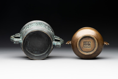 A Chinese bronze censer with Xuande mark and an archaistic vessel, 18/19th C.