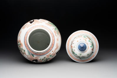 A Chinese famille verte 'ladies and boys' vase and cover, Kangxi