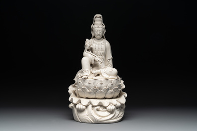 Three Chinese Dehua blanc de Chine figures of Guanyin and Weituo, He Chaozong 何朝宗 and Dehua 德化 mark, 20th C.