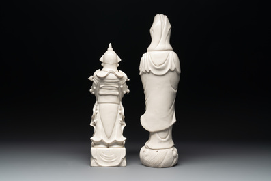 Three Chinese Dehua blanc de Chine figures of Guanyin and Weituo, He Chaozong 何朝宗 and Dehua 德化 mark, 20th C.