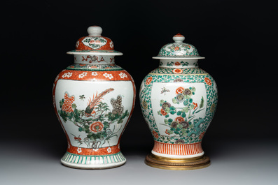 A Chinese famille verte vase and two covered vases, 19th C.