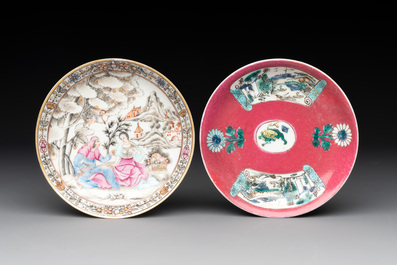 A Chinese famille rose 'erotic' cup and saucer and a ruby-ground 'landscape' cup and saucer, 18th C.
