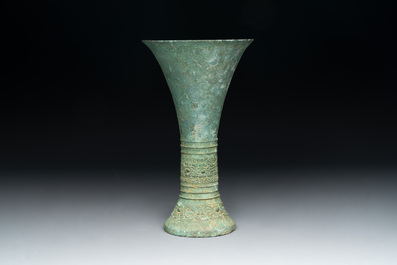 A Chinese archaic bronze ritual wine vessel, 'gu 觚', Shang