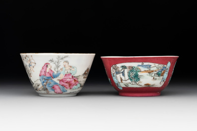 A Chinese famille rose 'erotic' cup and saucer and a ruby-ground 'landscape' cup and saucer, 18th C.