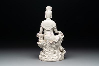 Three Chinese Dehua blanc de Chine groups of Guanyin with child, He Chaozong 何朝宗 marks, 20th C.