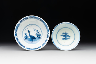 Two Chinese blue and white cups and saucers, Kangxi/Yongzheng