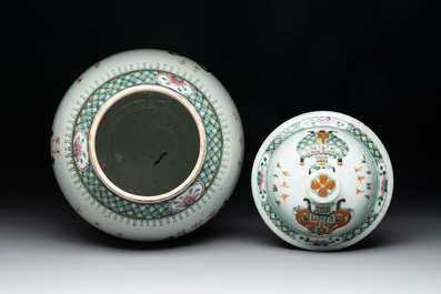 Three Chinese famille rose vases, one with cover, signed Wu Yu 吴玉, dated 1912