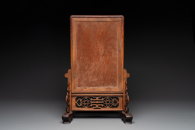 A Chinese wooden table screen with a famille rose plaque, Republic
