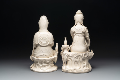 Three Chinese Dehua blanc de Chine groups of Guanyin with child, He Chaozong 何朝宗 marks, 20th C.