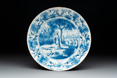 Three blue and white Delftware 'biblical subject' plates, Delft and Nurenberg, 18th C.