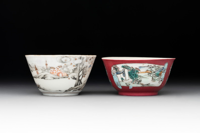 A Chinese famille rose 'erotic' cup and saucer and a ruby-ground 'landscape' cup and saucer, 18th C.
