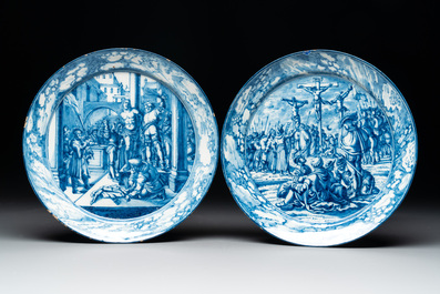 A set of six fine blue and white Dutch Delftware 'The Way of the Cross' plates, Rotterdam, ca. 1740-1750