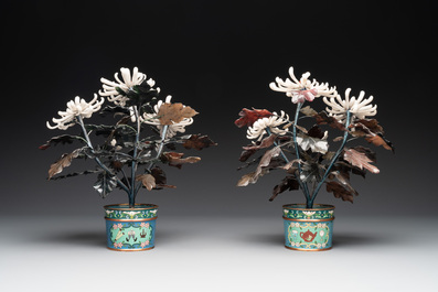 A pair of Chinese cloisonn&eacute; 'peonies' vases and a pair of jardini&egrave;res with precious stone flowers, 20th C.