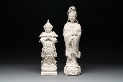 Three Chinese Dehua blanc de Chine figures of Guanyin and Weituo, He Chaozong 何朝宗 and Dehua 德化 mark, 20th C.
