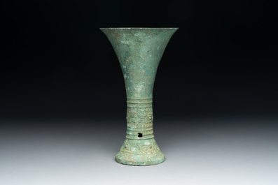 A Chinese archaic bronze ritual wine vessel, 'gu 觚', Shang