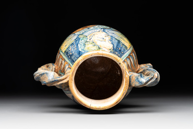 An Italian maiolica rope twist handle drug jar, probably Southern Italy, late 16th C.