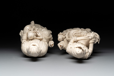 Three Chinese Dehua blanc de Chine groups of Guanyin with child, He Chaozong 何朝宗 marks, 20th C.