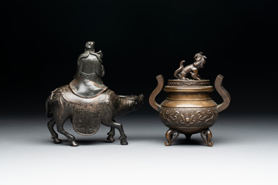A Chinese 'Laozi on Buffalo' covered censer and a ding-form covered censer, Ming/Qing