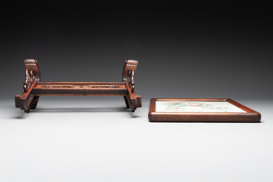 A Chinese wooden table screen with a famille rose plaque, Republic