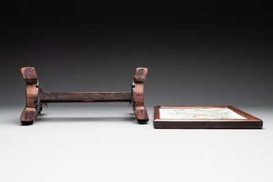 A Chinese wooden table screen with a famille rose plaque, Republic