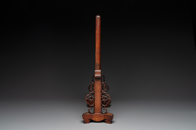 A Chinese wooden table screen with a famille rose plaque, Republic