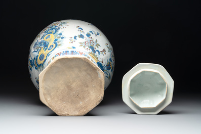 A large polychrome Dutch Delft baluster vase and cover, late 17th C.