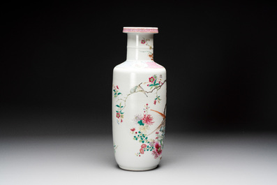 A Chinese famille rose 'pheasants and flowers' rouleau vase, 19th C.