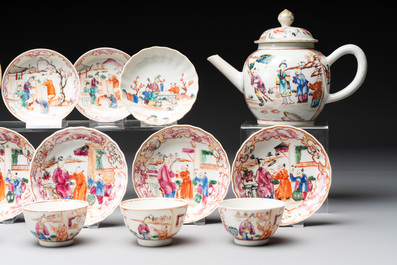 Eight Chinese Canton famille rose cups, 14 saucers and a teapot, Qianlong