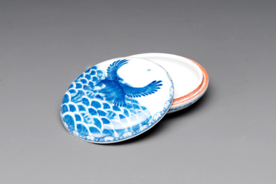 A Chinese blue and white bowl and a covered ink paste box, Guangxu and Jiangxi Ciye Gongsi mark, 19/20th C.