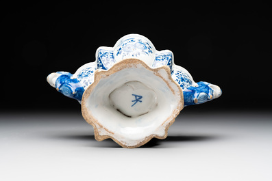 A rare blue and white Dutch Delft tulip vase base with dragon-form handles, 17/18th C.