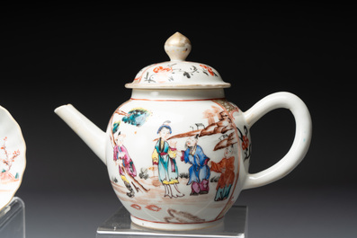 Eight Chinese Canton famille rose cups, 14 saucers and a teapot, Qianlong