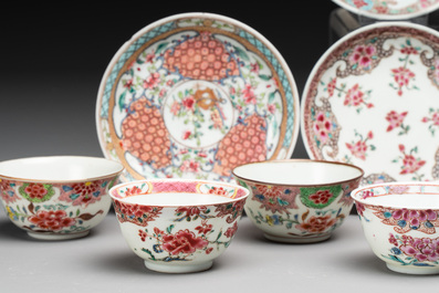 Ten Chinese famille rose cups with floral design and eight saucers, Qianlong