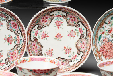 Ten Chinese famille rose cups with floral design and eight saucers, Qianlong