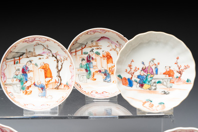 Eight Chinese Canton famille rose cups, 14 saucers and a teapot, Qianlong