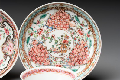 Ten Chinese famille rose cups with floral design and eight saucers, Qianlong