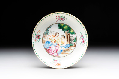 A Chinese famille rose 'Venus and Mercury' cup and saucer, Qianlong
