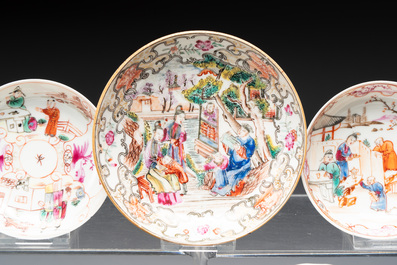 Eight Chinese Canton famille rose cups, 14 saucers and a teapot, Qianlong