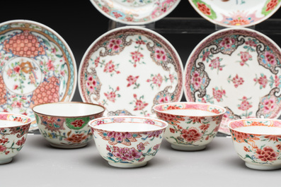 Ten Chinese famille rose cups with floral design and eight saucers, Qianlong