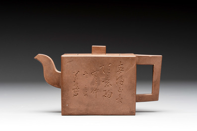 A Chinese Yixing stoneware teapot and cover, signed Hu Yaoting 胡耀庭, dated 1912