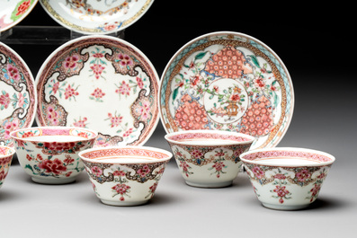 Ten Chinese famille rose cups with floral design and eight saucers, Qianlong