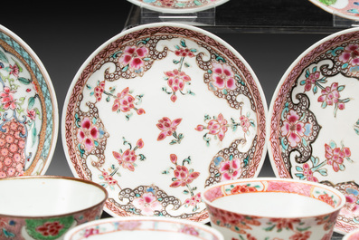 Ten Chinese famille rose cups with floral design and eight saucers, Qianlong