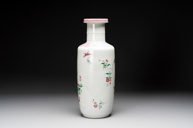 A Chinese famille rose 'pheasants and flowers' rouleau vase, 19th C.
