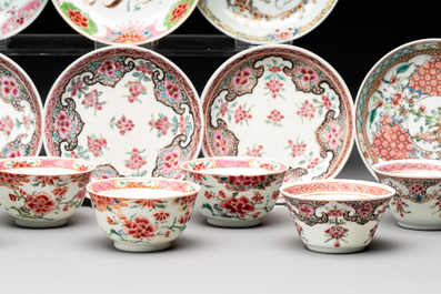 Ten Chinese famille rose cups with floral design and eight saucers, Qianlong