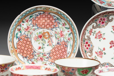 Ten Chinese famille rose cups with floral design and eight saucers, Qianlong