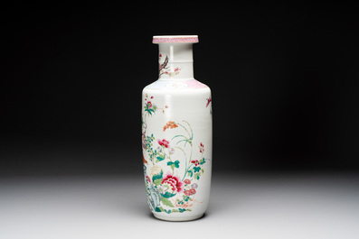 A Chinese famille rose 'pheasants and flowers' rouleau vase, 19th C.