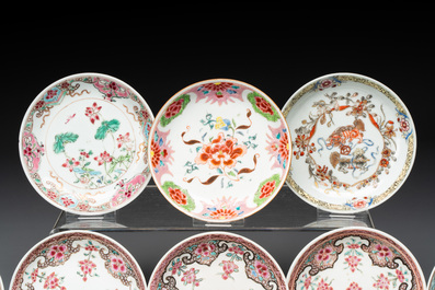 Ten Chinese famille rose cups with floral design and eight saucers, Qianlong