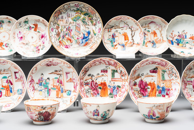 Eight Chinese Canton famille rose cups, 14 saucers and a teapot, Qianlong